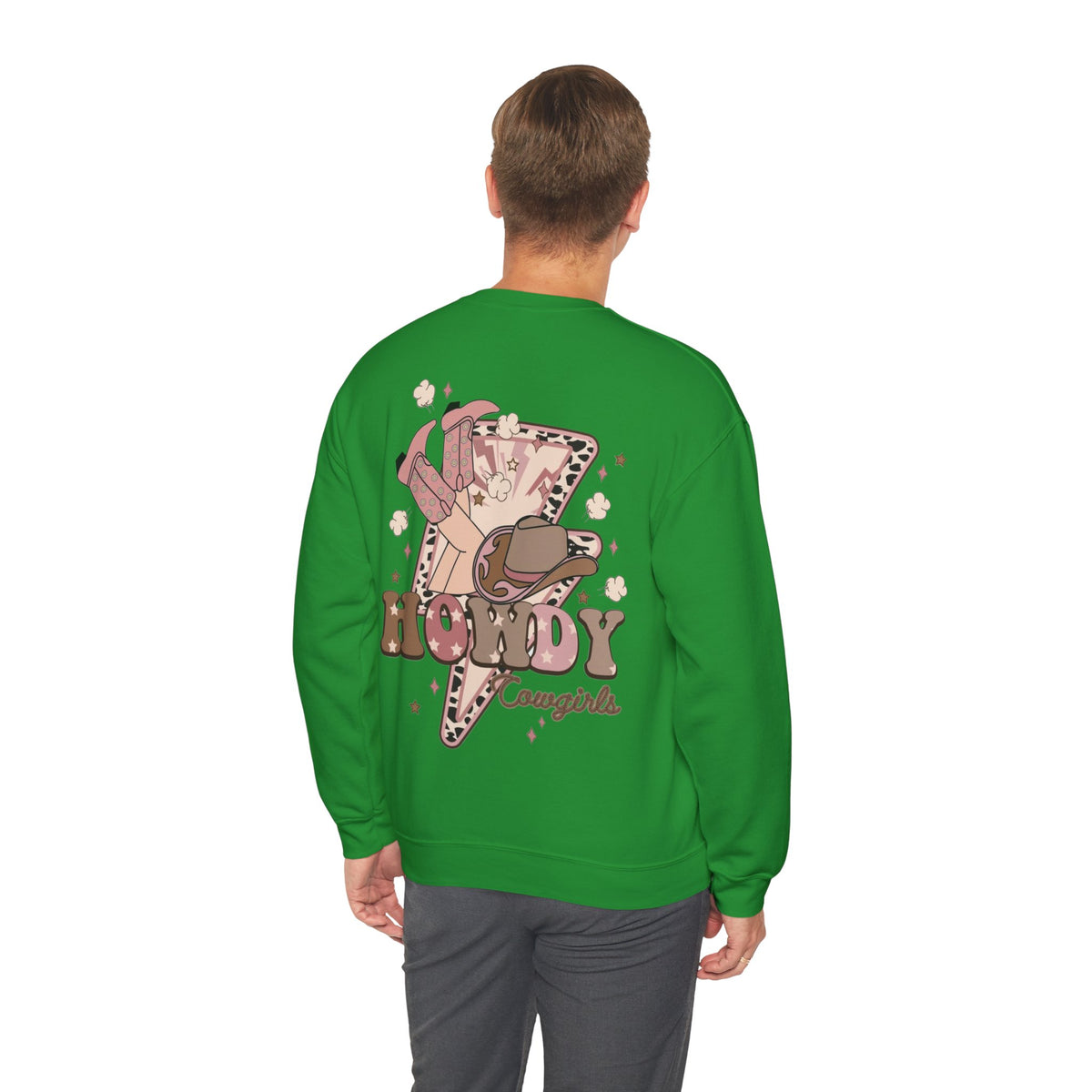 ORVIAN — Howdy Cowgirls Western Crewneck, Leopard Lightning Bolt & Cowgirl Boots Unisex Heavy Blend