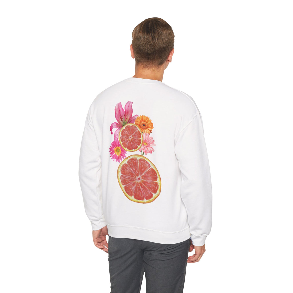 ORVIAN — Tropical Citrus & Pink Floral Crewneck, Grapefruit Orange Watercolor Unisex Heavy Blend