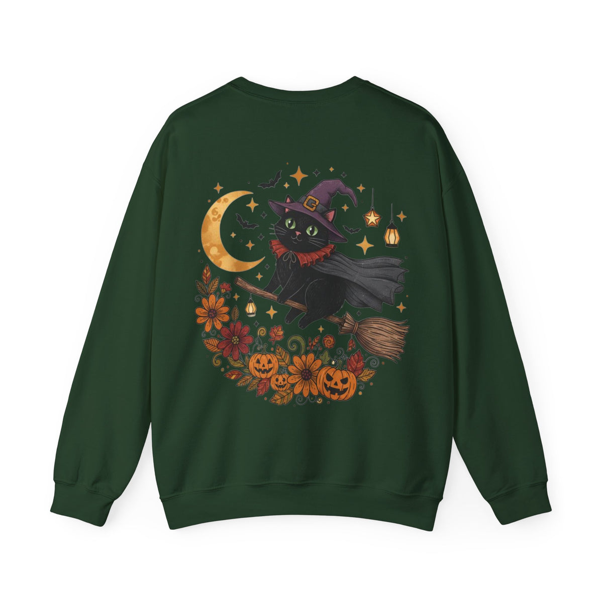 ORVIAN — Witch Cat Halloween Crewneck, Flying Black Cat & Pumpkin Patch Unisex Sweatshirt