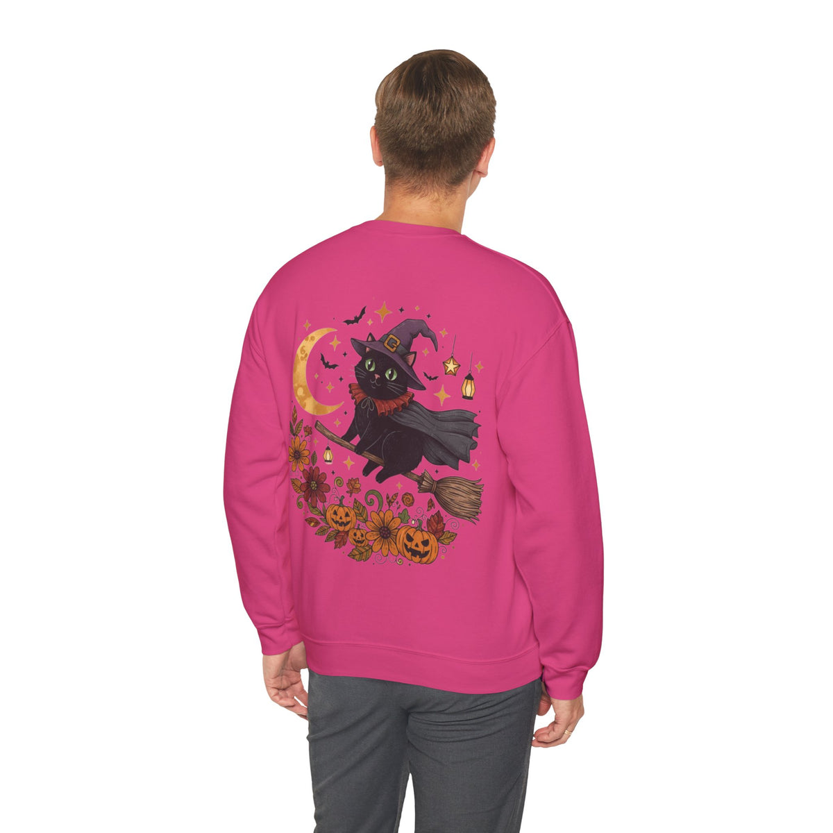 ORVIAN — Witch Cat Halloween Crewneck, Flying Black Cat & Pumpkin Patch Unisex Sweatshirt