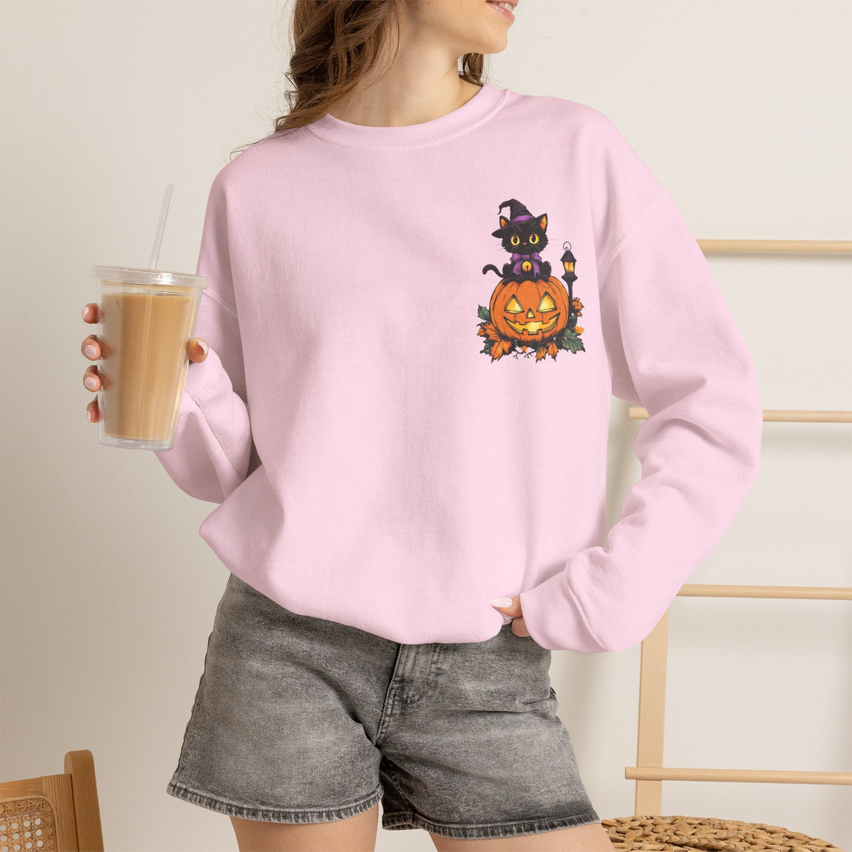 ORVIAN — Witch Cat Halloween Crewneck, Flying Black Cat & Pumpkin Patch Unisex Sweatshirt