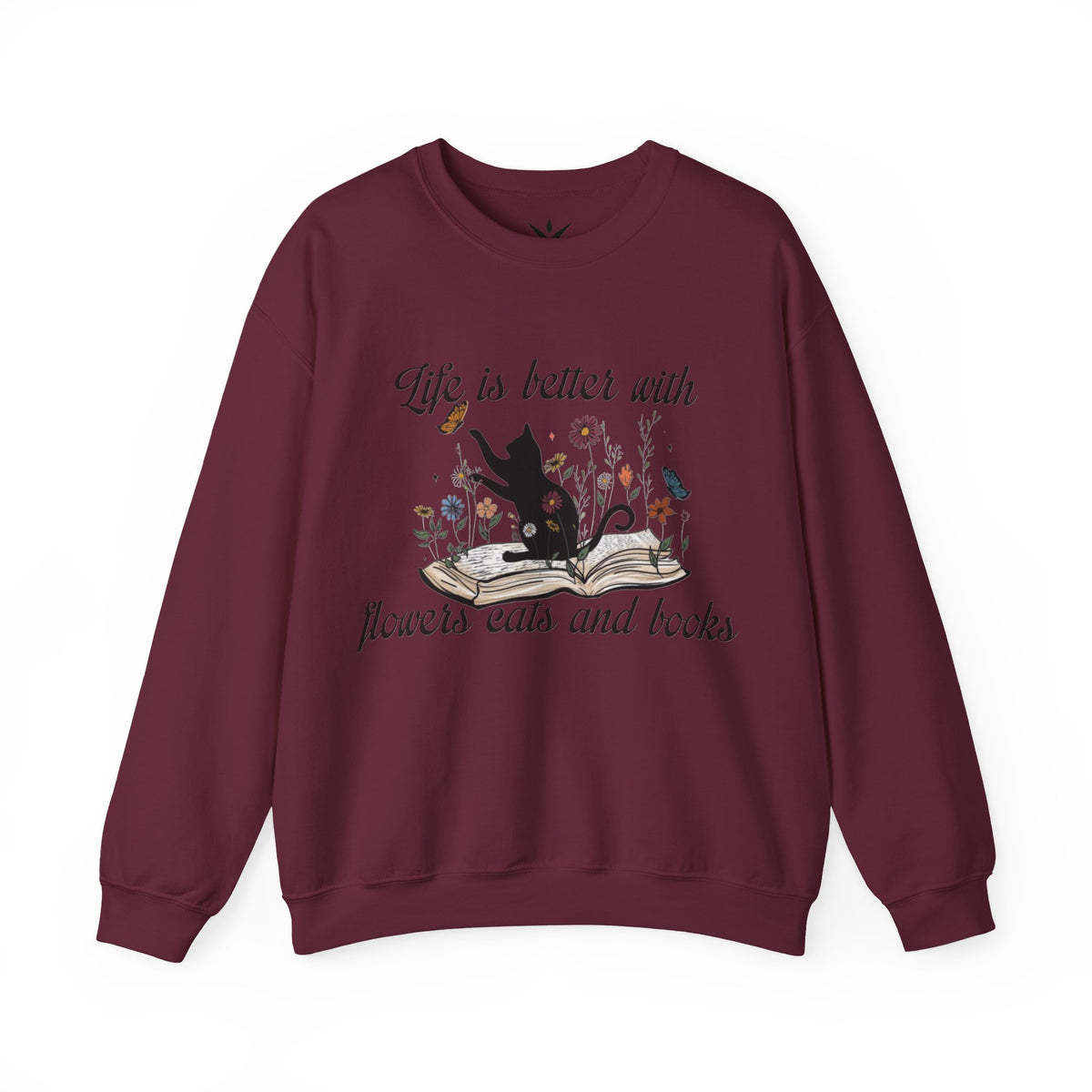 ORVIAN — Life Is Better With Flowers, Cats & Books Crewneck, Black Cat Book Stack Unisex