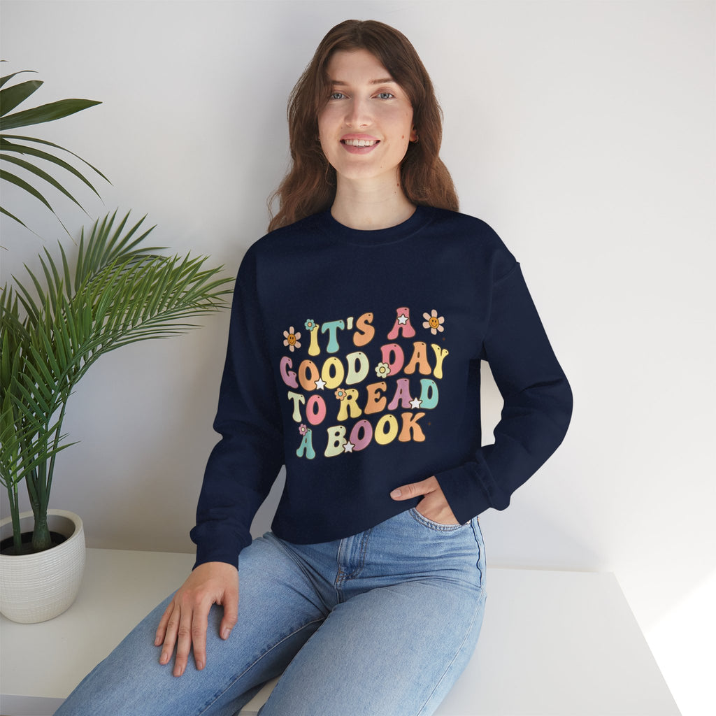 ORVIAN — Good Day to Read a Book Crewneck, Retro Floral Book Lover Sweatshirt Unisex Heavy Blend