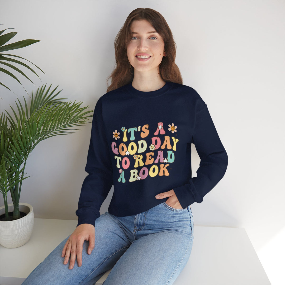 ORVIAN — Good Day to Read a Book Crewneck, Retro Floral Book Lover Sweatshirt Unisex Heavy Blend