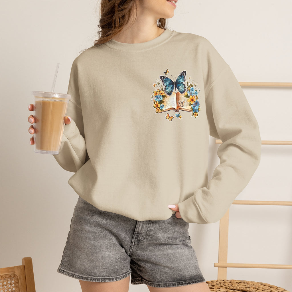 ORVIAN — Watercolor Floral Book & Butterfly Crewneck, Literary Nature Unisex Heavy Blend