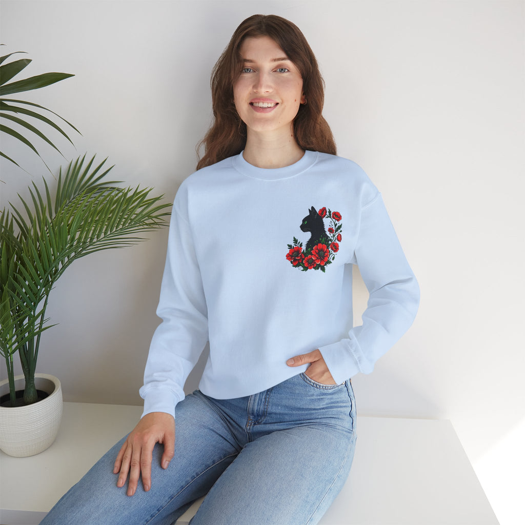 ORVIAN — Black Cat & Red Poppies Floral Crewneck, Elegant Nature Unisex Heavy Blend