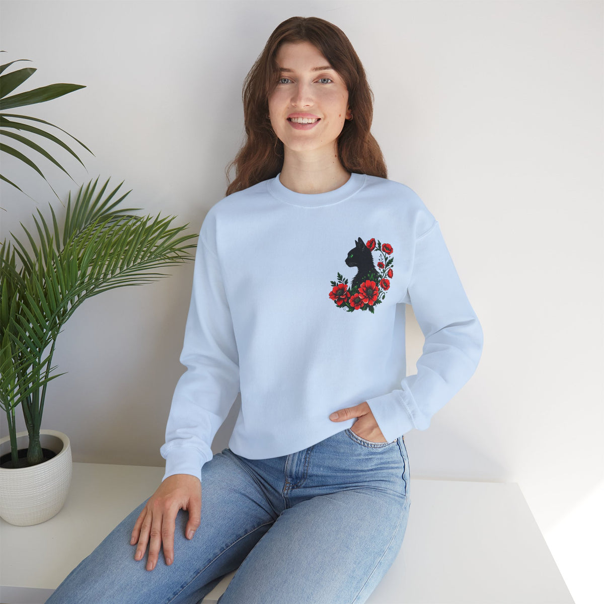 ORVIAN — Black Cat & Red Poppies Floral Crewneck, Elegant Nature Unisex Heavy Blend