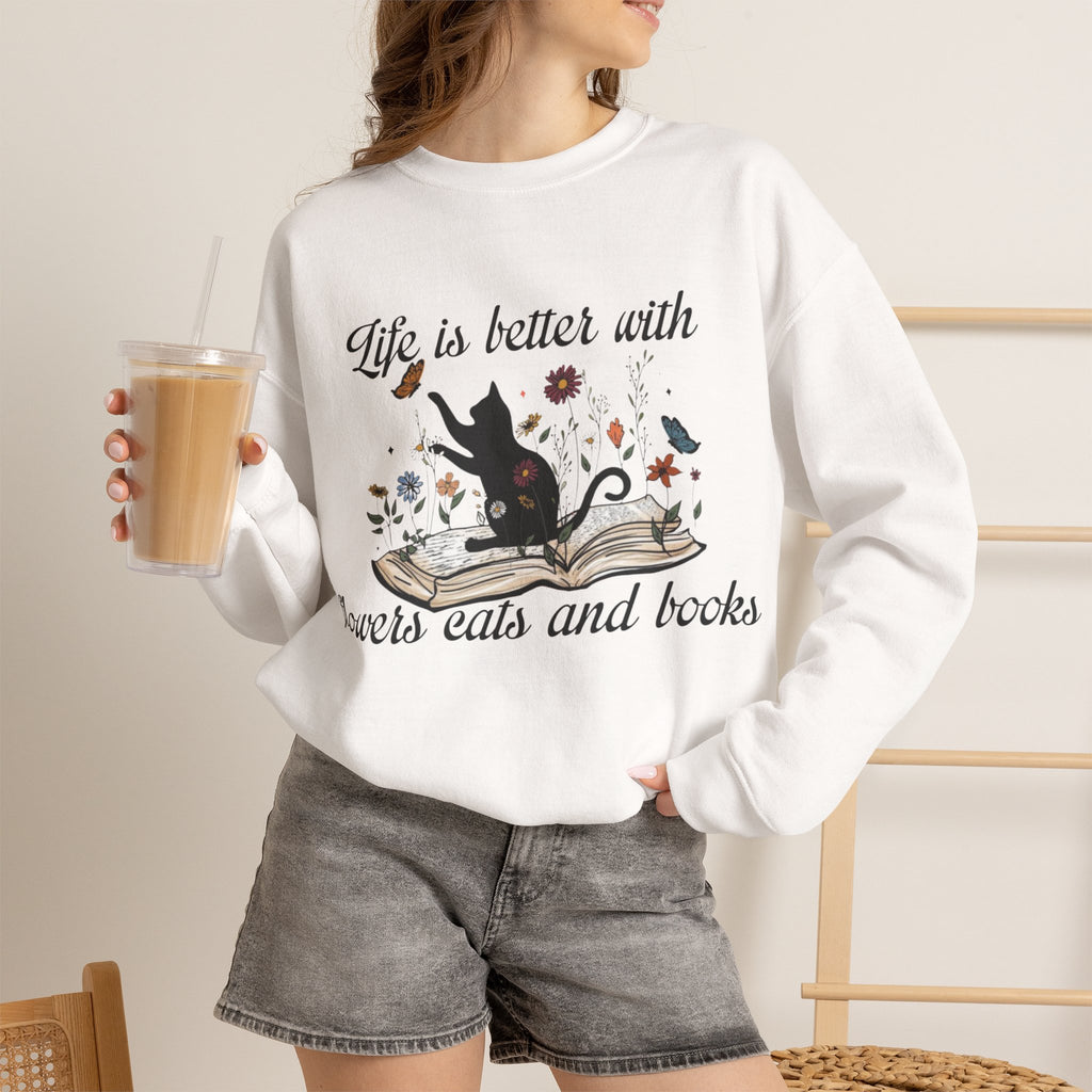 ORVIAN — Life Is Better With Flowers, Cats & Books Crewneck, Black Cat Book Stack Unisex