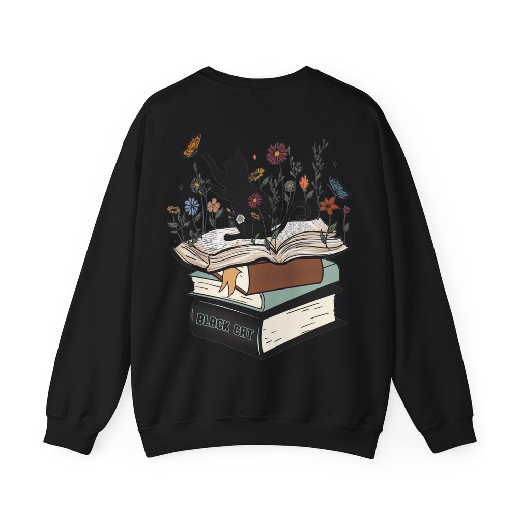 ORVIAN — Life Is Better With Flowers, Cats & Books Crewneck, Black Cat Book Stack Unisex