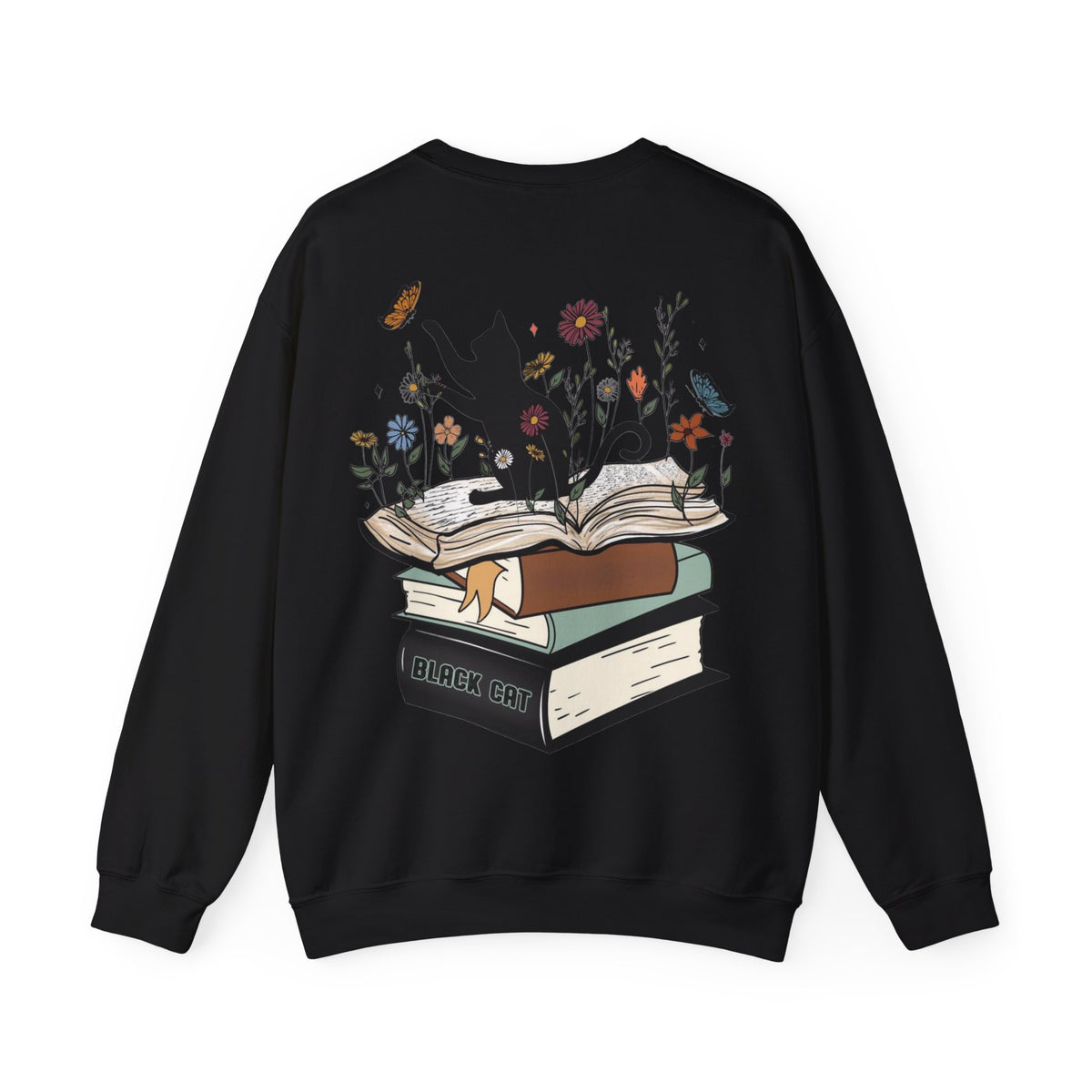 ORVIAN — Life Is Better With Flowers, Cats & Books Crewneck, Black Cat Book Stack Unisex