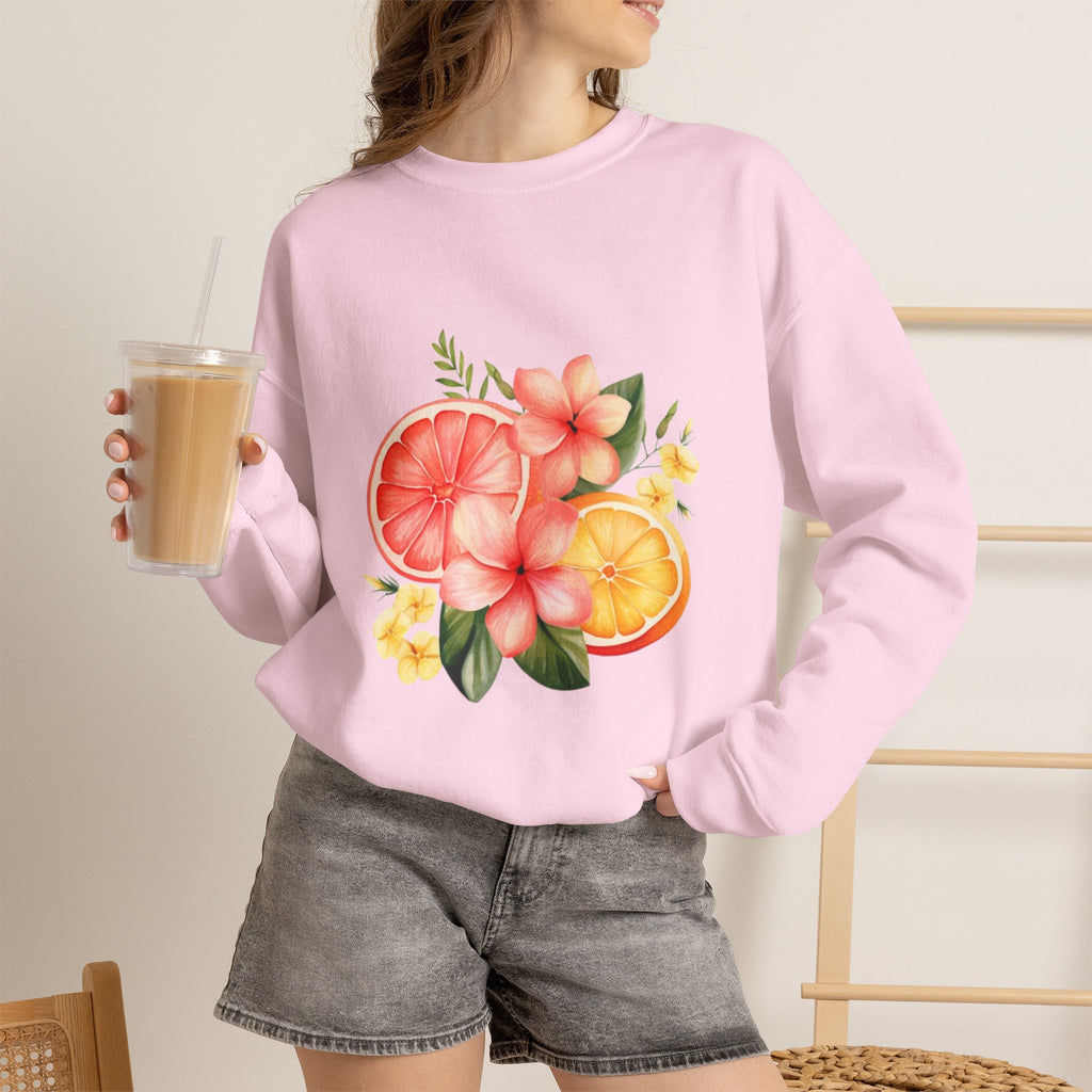 ORVIAN — Tropical Citrus & Pink Floral Crewneck, Grapefruit Orange Watercolor Unisex Heavy Blend