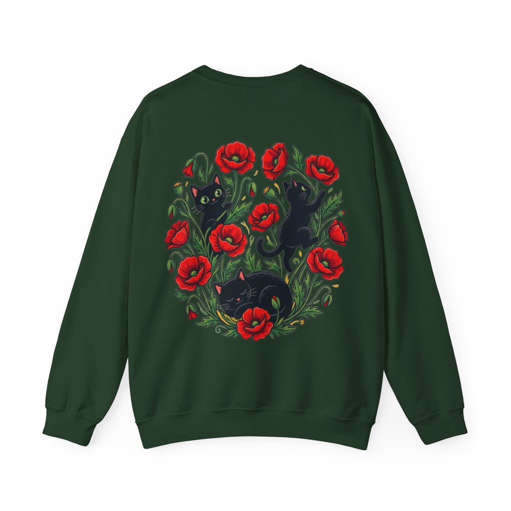 ORVIAN — Black Cat & Red Poppies Floral Crewneck, Elegant Nature Unisex Heavy Blend