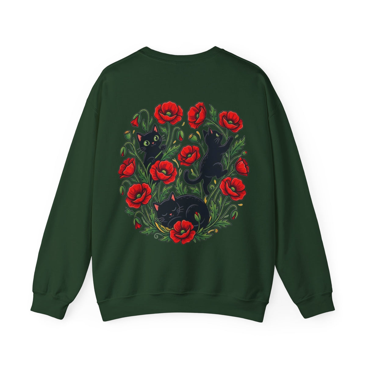 ORVIAN — Black Cat & Red Poppies Floral Crewneck, Elegant Nature Unisex Heavy Blend