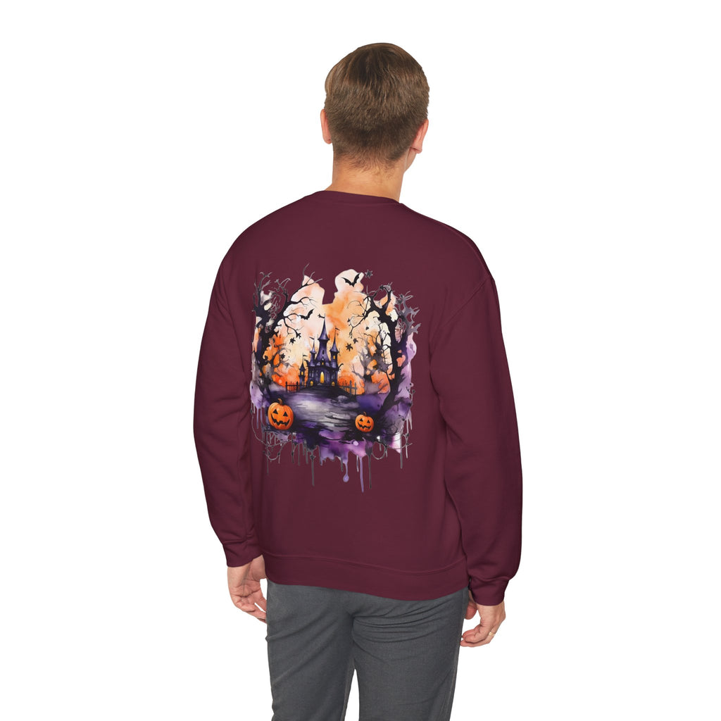 ORVIAN — Watercolor Haunted Castle Halloween Crewneck, Purple Jack-o'-Lantern Unisex Heavy Blend