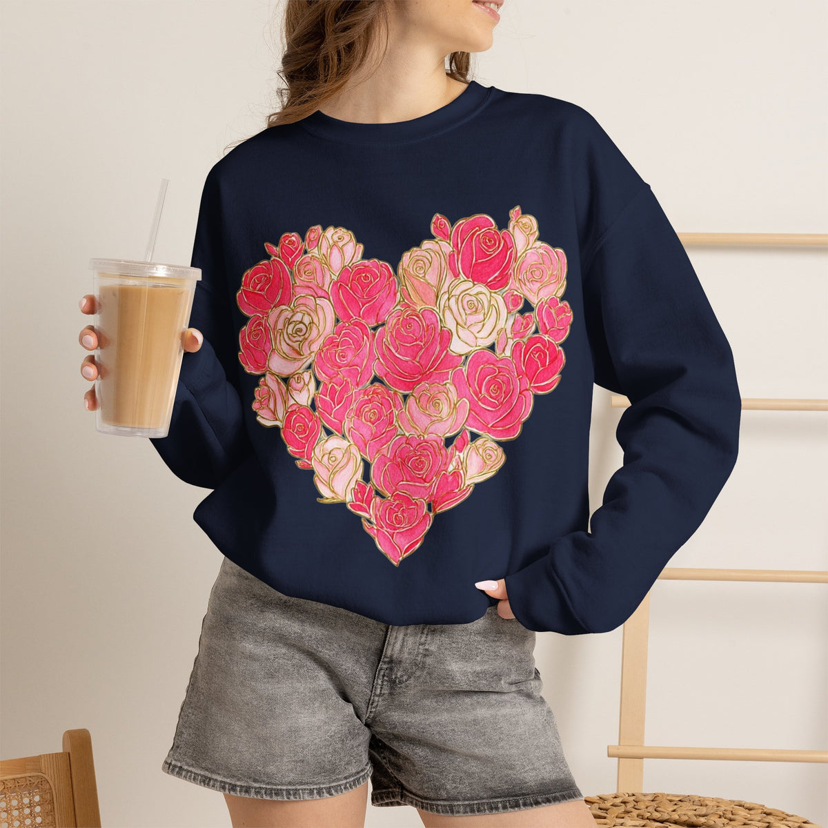 ORVIAN — Floral Rose Heart Crewneck, Romantic Pink Flower Valentine Sweatshirt, Unisex Heavy Blend