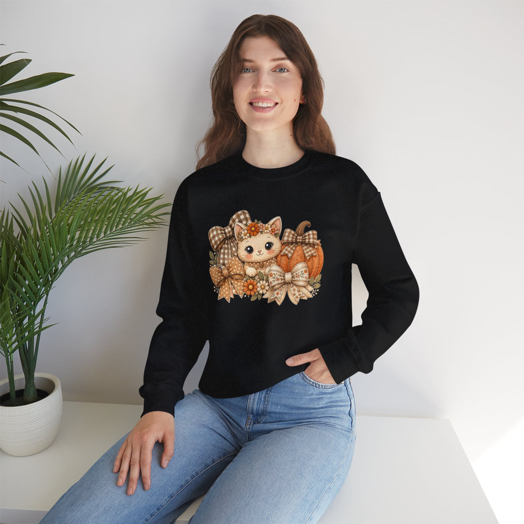 ORVIAN — Fall Kitten & Coquette Ghost Crewneck, Gingham Pumpkin Autumn Unisex Heavy Blend