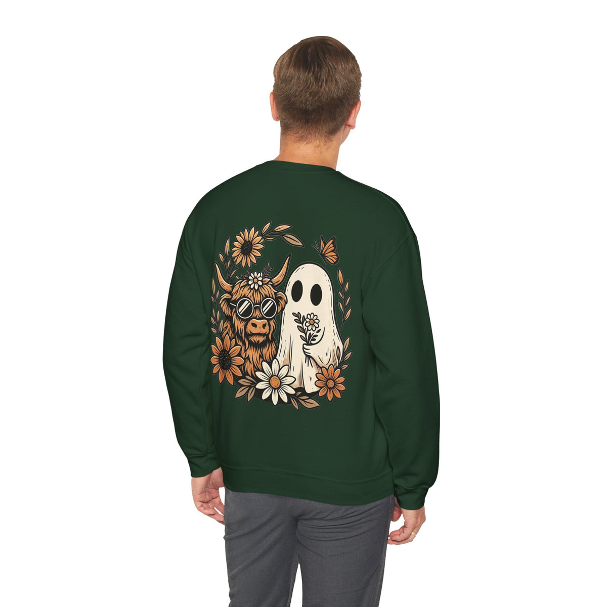 ORVIAN — Highland Cow & Cute Ghost Western Floral Crewneck, Spooky Unisex Sweatshirt