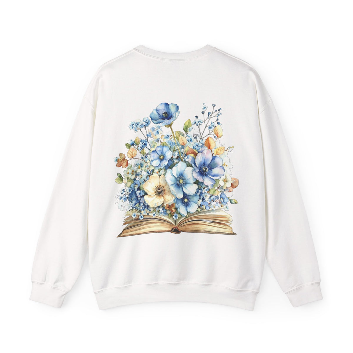 ORVIAN — Blue Watercolor Floral Book Crewneck, Open Book Wildflower Literary Unisex Heavy Blend