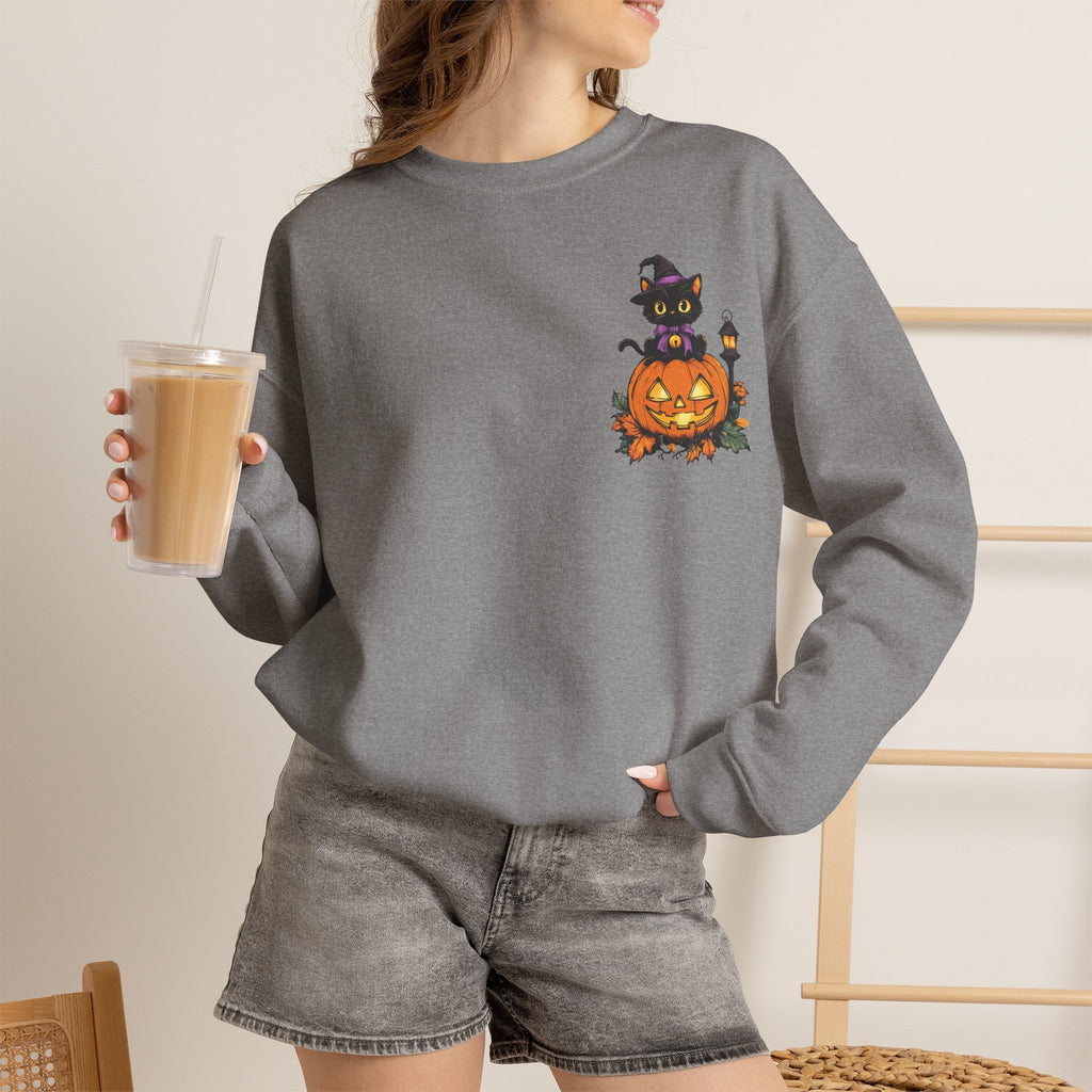 ORVIAN — Witch Cat Halloween Crewneck, Flying Black Cat & Pumpkin Patch Unisex Sweatshirt