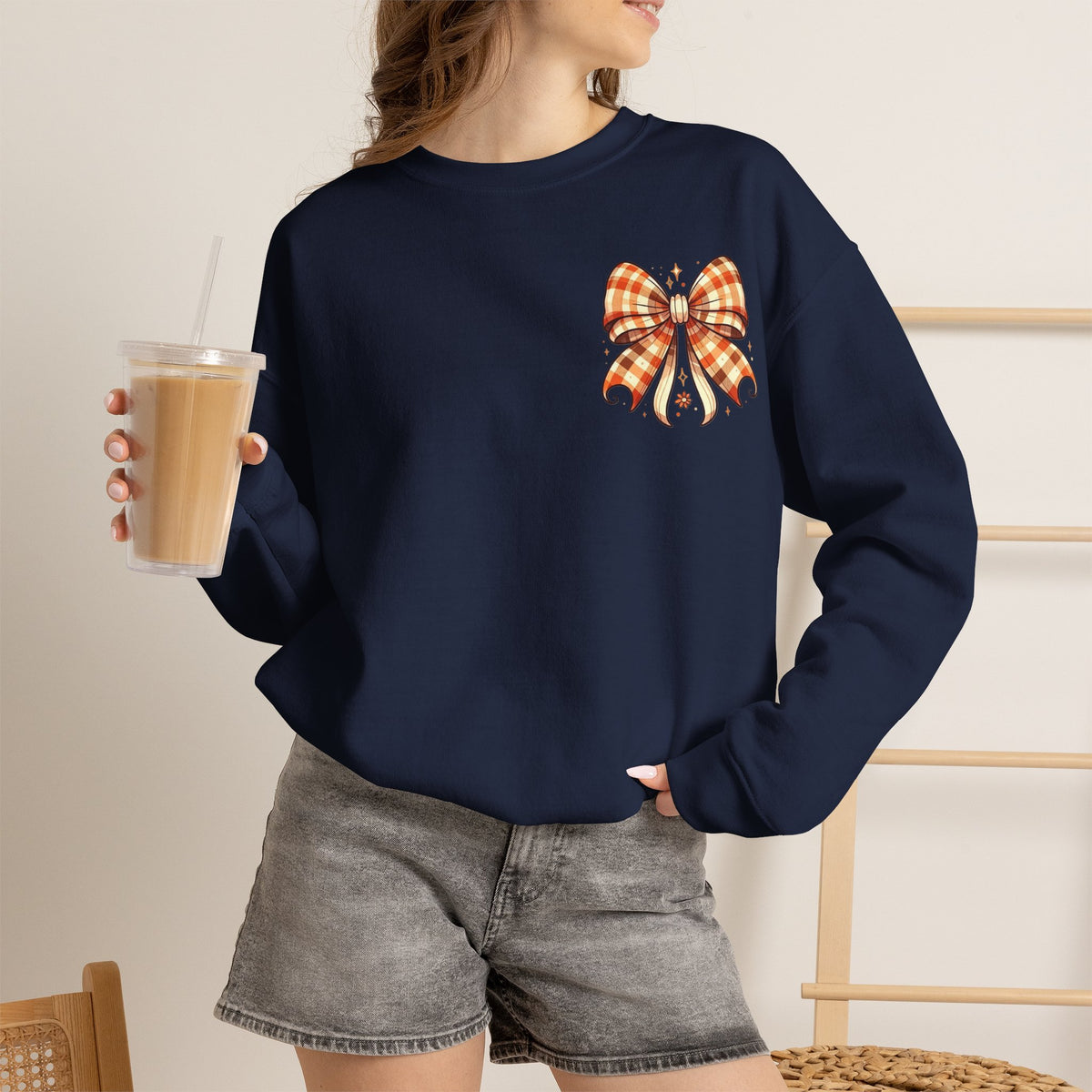 ORVIAN — Ghostly Coffee Break Coquette Bow Crewneck, Cozy Pumpkin Spice Halloween Unisex