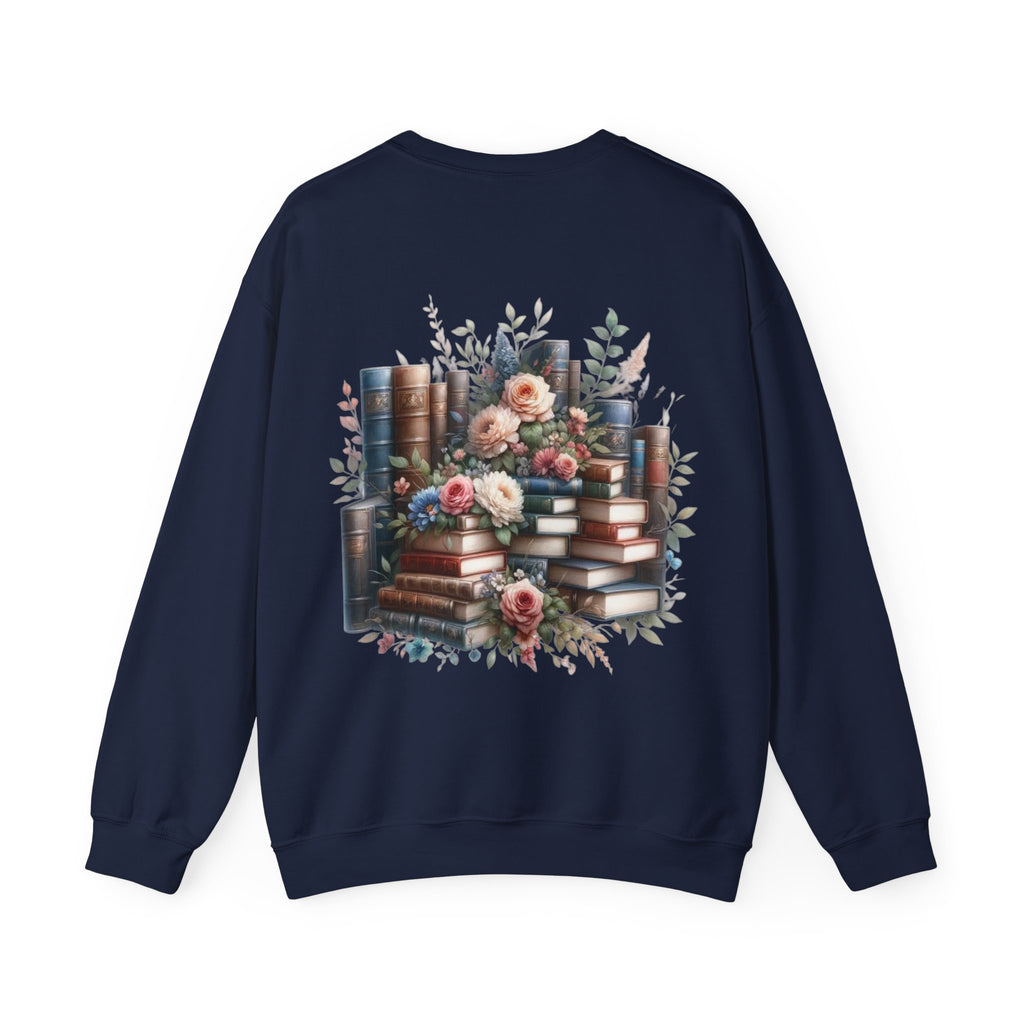 ORVIAN — Blue Watercolor Floral Book Crewneck, Open Book Wildflower Literary Unisex Heavy Blend