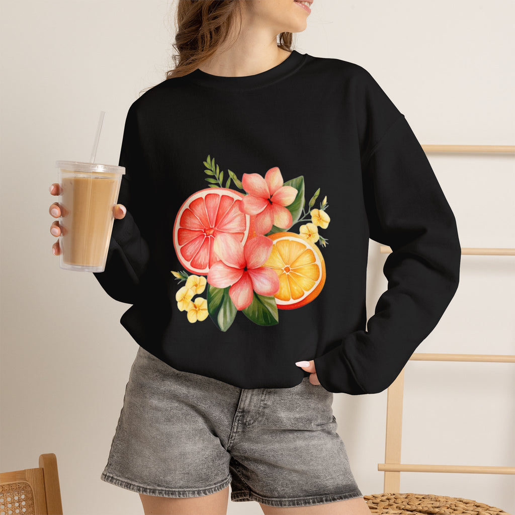 ORVIAN — Tropical Citrus & Pink Floral Crewneck, Grapefruit Orange Watercolor Unisex Heavy Blend