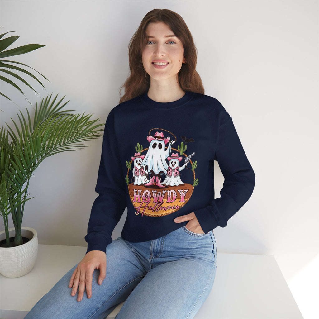 ORVIAN — Howdy Halloween Ghost Cowboy Crewneck, Pink Cowboo Western Unisex Heavy Blend