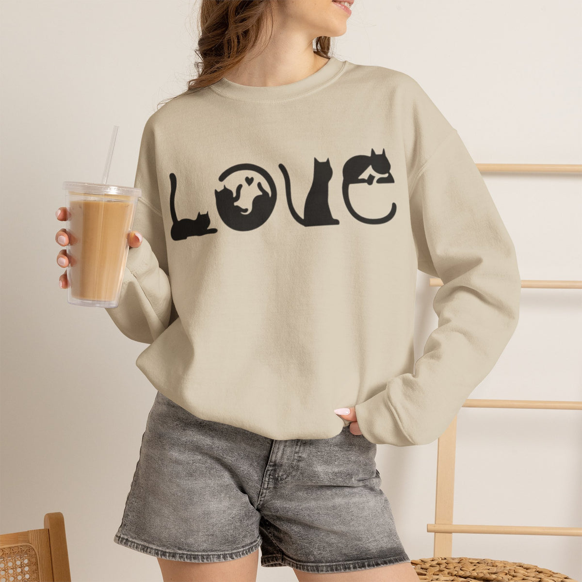 ORVIAN — LOVE Cat Silhouette & Heart-Shaped Cats Crewneck, Cat Lover Unisex Heavy Blend