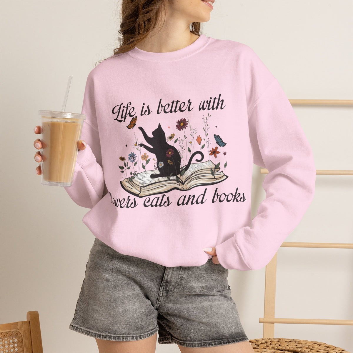 ORVIAN — Life Is Better With Flowers, Cats & Books Crewneck, Black Cat Book Stack Unisex