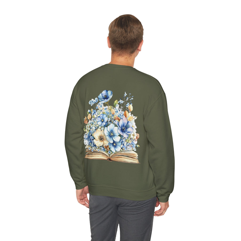 ORVIAN — Blue Watercolor Floral Book Crewneck, Open Book Wildflower Literary Unisex Heavy Blend
