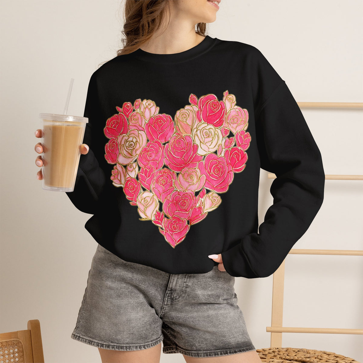 ORVIAN — Floral Rose Heart Crewneck, Romantic Pink Flower Valentine Sweatshirt, Unisex Heavy Blend