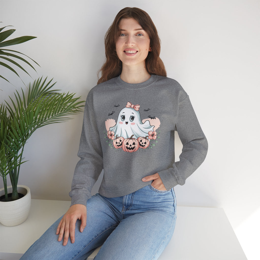 ORVIAN — Pink Halloween Coquette Ghost Crewneck, Bow & Pumpkin Unisex Heavy Blend
