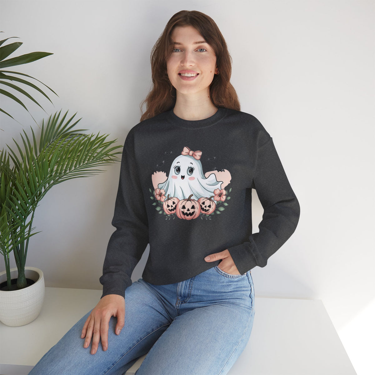 ORVIAN — Pink Halloween Coquette Ghost Crewneck, Bow & Pumpkin Unisex Heavy Blend