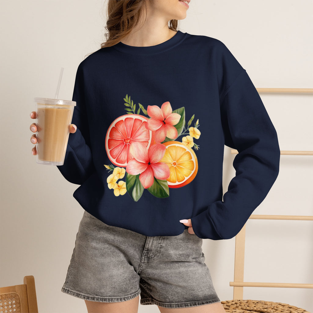 ORVIAN — Tropical Citrus & Pink Floral Crewneck, Grapefruit Orange Watercolor Unisex Heavy Blend