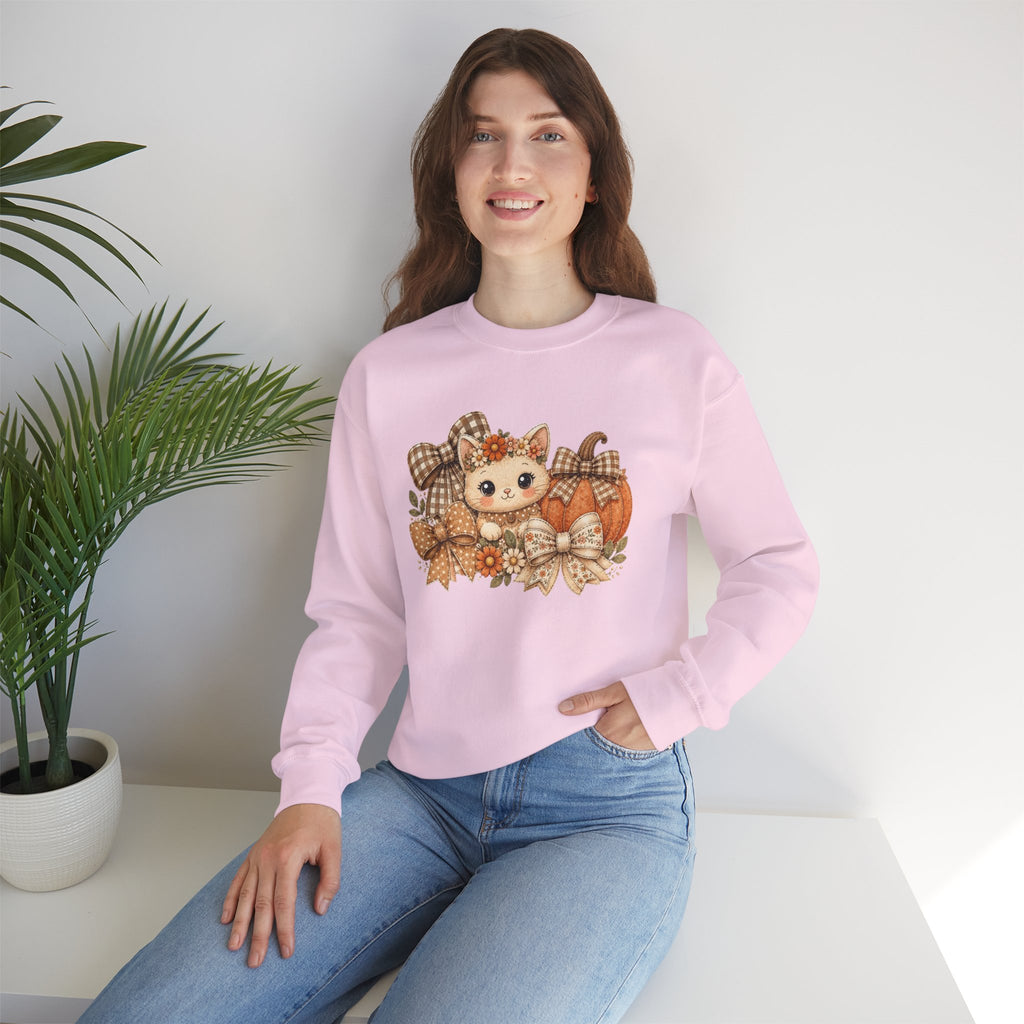 ORVIAN — Fall Kitten & Coquette Ghost Crewneck, Gingham Pumpkin Autumn Unisex Heavy Blend
