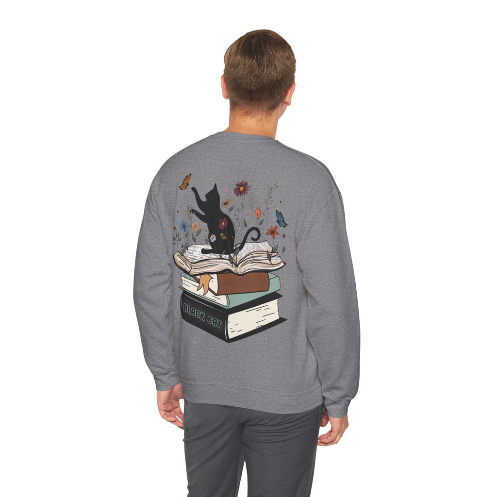 ORVIAN — Life Is Better With Flowers, Cats & Books Crewneck, Black Cat Book Stack Unisex