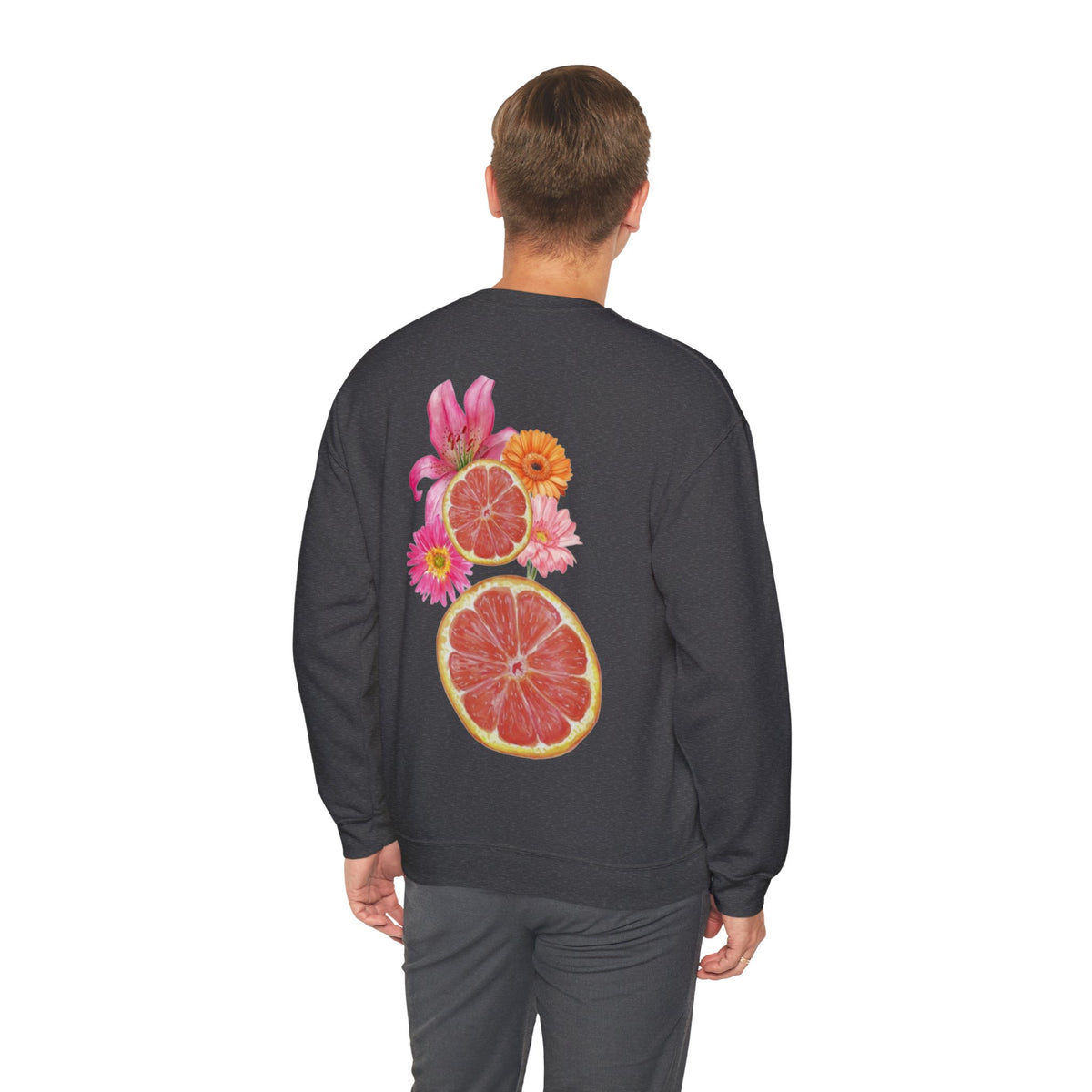 ORVIAN — Tropical Citrus & Pink Floral Crewneck, Grapefruit Orange Watercolor Unisex Heavy Blend
