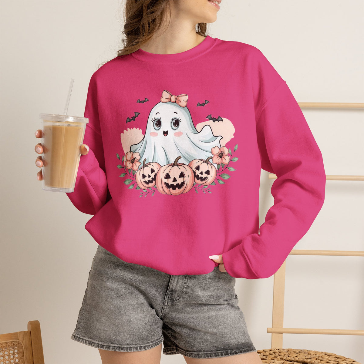ORVIAN — Pink Halloween Coquette Ghost Crewneck, Bow & Pumpkin Unisex Heavy Blend