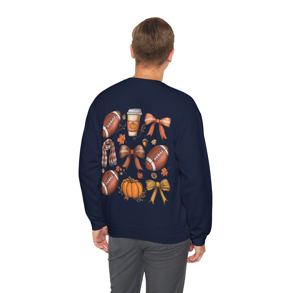 ORVIAN — Coquette Fall Bow & Football Crewneck, Pumpkin Spice Game Day Unisex Heavy Blend