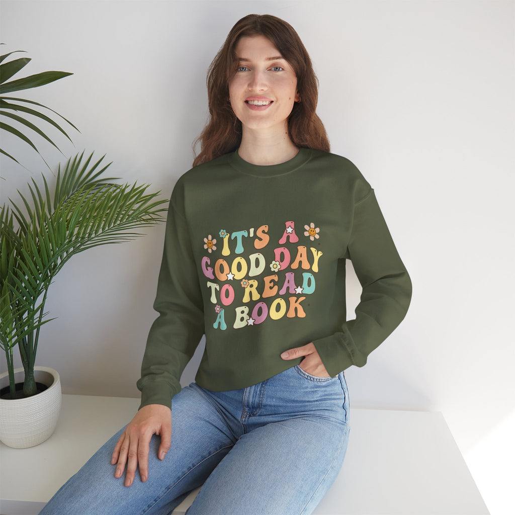 ORVIAN — Good Day to Read a Book Crewneck, Retro Floral Book Lover Sweatshirt Unisex Heavy Blend