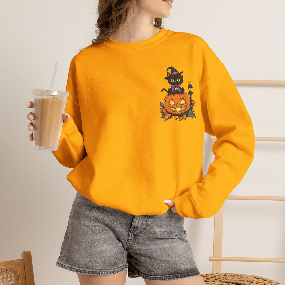 ORVIAN — Witch Cat Halloween Crewneck, Flying Black Cat & Pumpkin Patch Unisex Sweatshirt