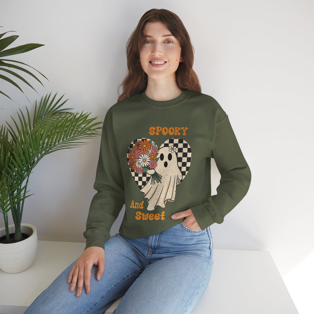 ORVIAN — Spooky & Sweet Ghost Crewneck, Coquette Bow Heart Halloween Unisex Sweatshirt