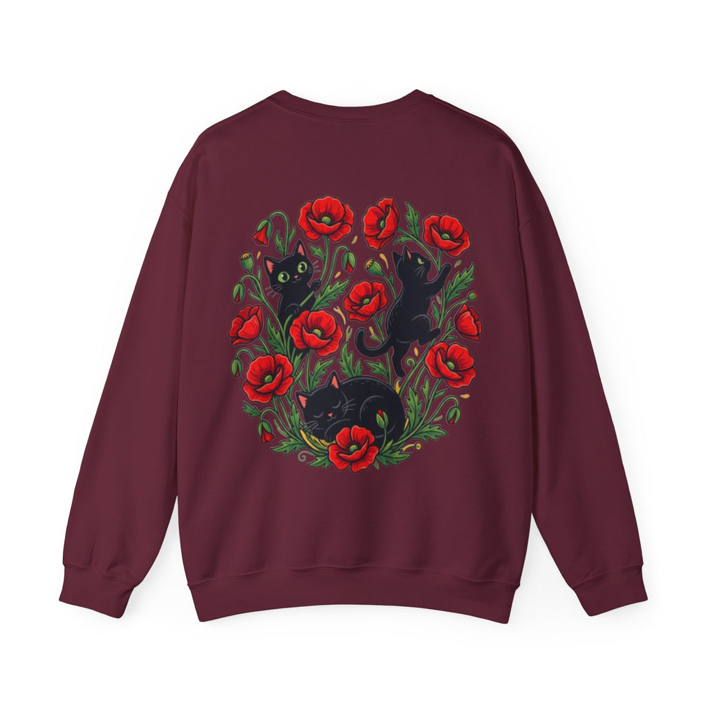 ORVIAN — Black Cat & Red Poppies Floral Crewneck, Elegant Nature Unisex Heavy Blend