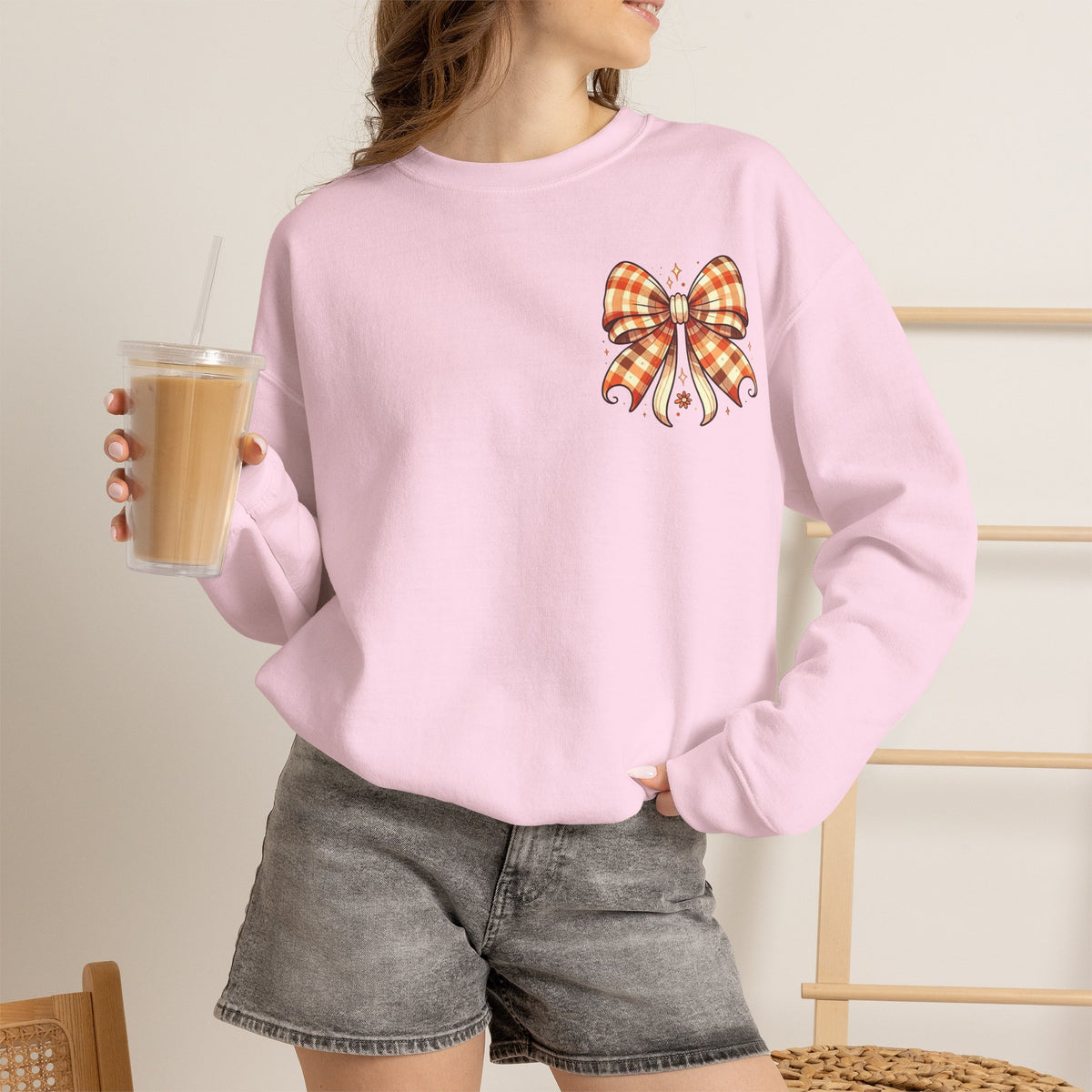 ORVIAN — Ghostly Coffee Break Coquette Bow Crewneck, Cozy Pumpkin Spice Halloween Unisex