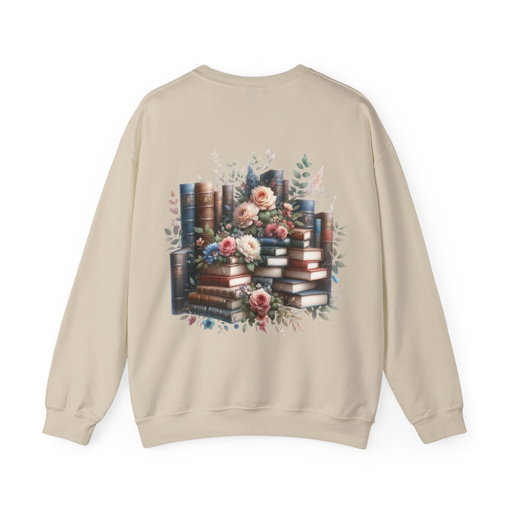 ORVIAN — Blue Watercolor Floral Book Crewneck, Open Book Wildflower Literary Unisex Heavy Blend