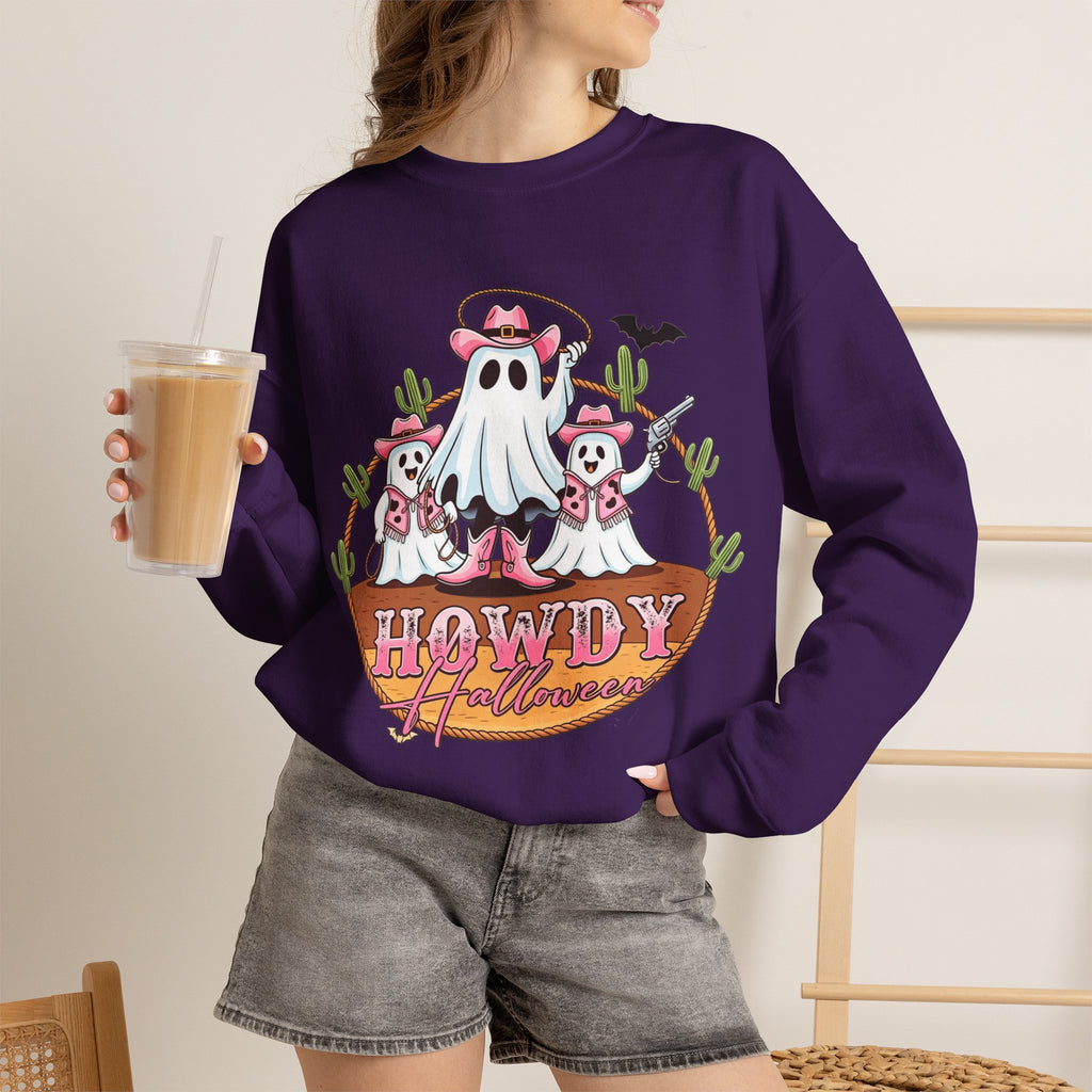ORVIAN — Howdy Halloween Ghost Cowboy Crewneck, Pink Cowboo Western Unisex Heavy Blend