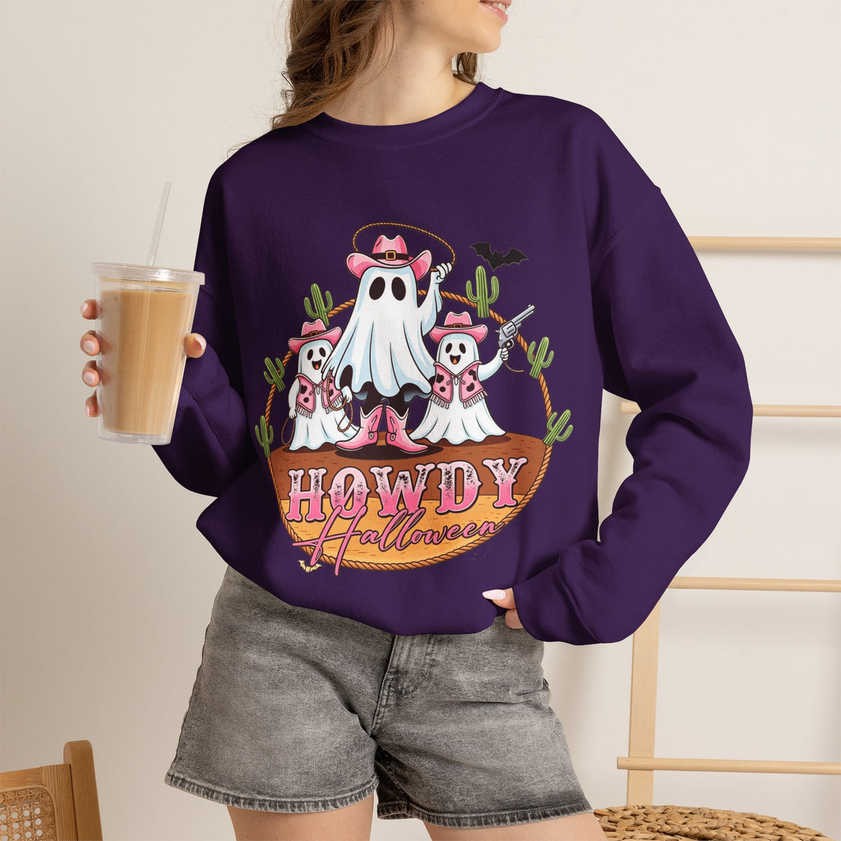 ORVIAN — Howdy Halloween Ghost Cowboy Crewneck, Pink Cowboo Western Unisex Heavy Blend