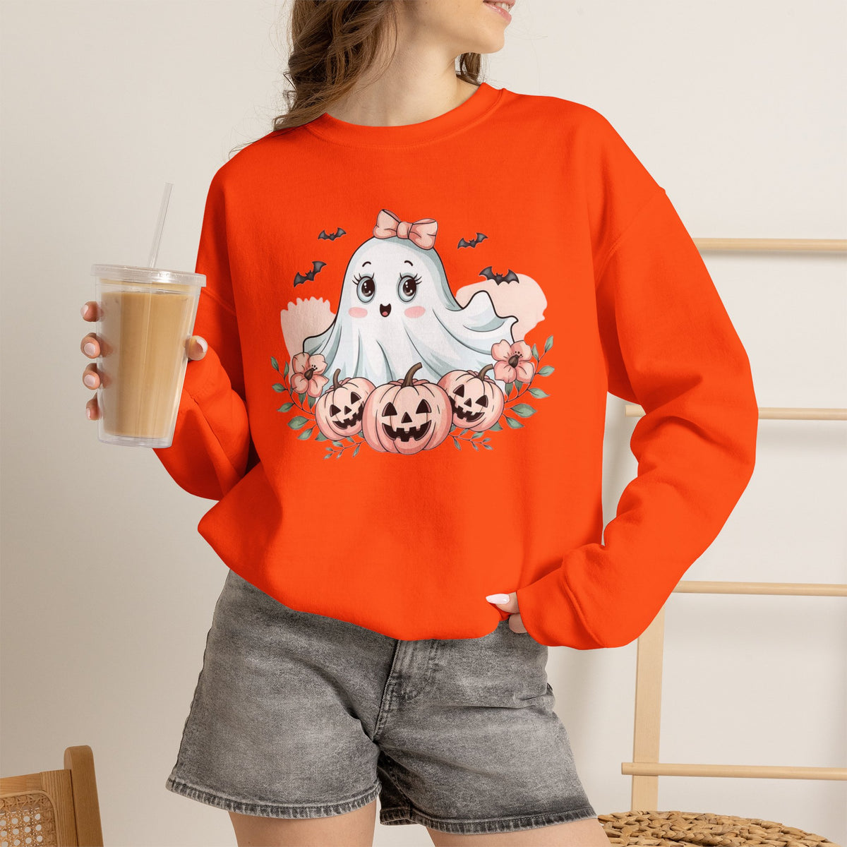 ORVIAN — Pink Halloween Coquette Ghost Crewneck, Bow & Pumpkin Unisex Heavy Blend