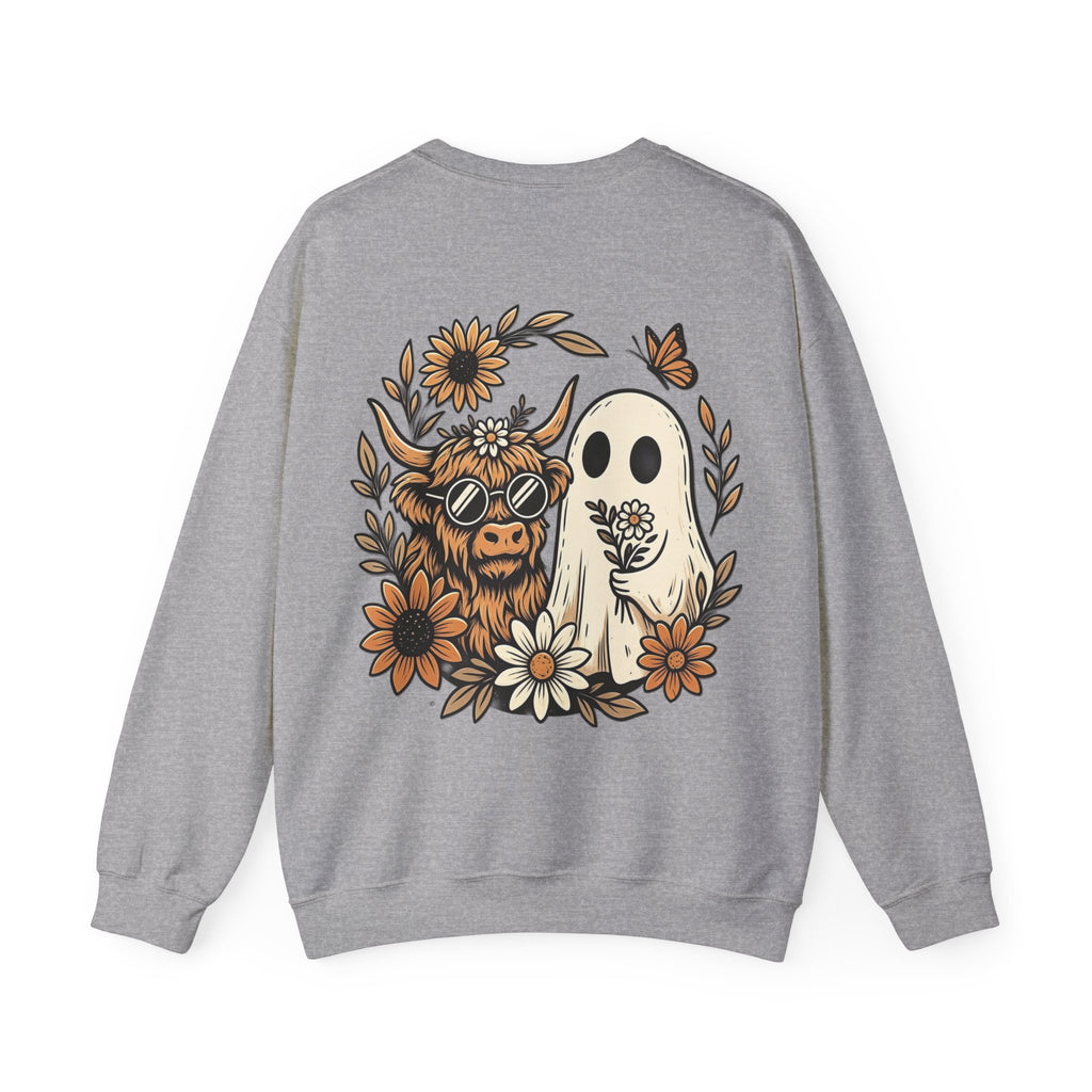 ORVIAN — Highland Cow & Cute Ghost Western Floral Crewneck, Spooky Unisex Sweatshirt