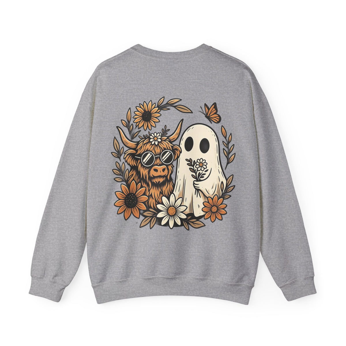 ORVIAN — Highland Cow & Cute Ghost Western Floral Crewneck, Spooky Unisex Sweatshirt
